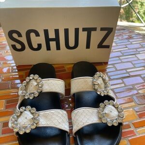SCHUTZ White and Black Crystal Embellished Sandals